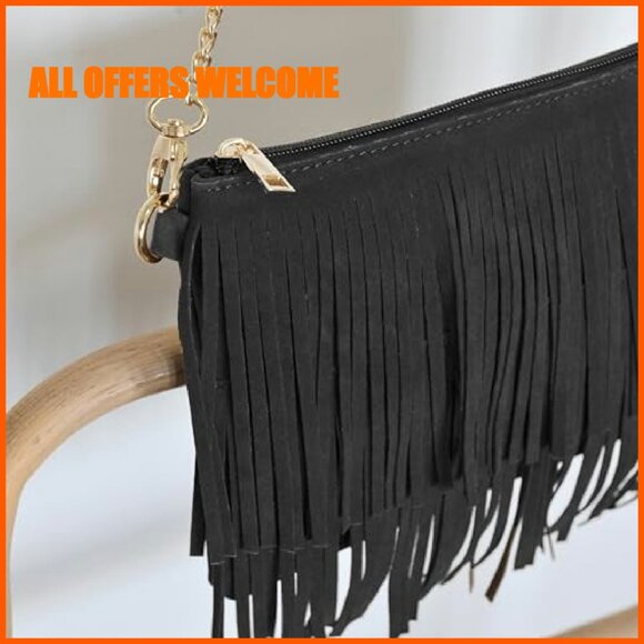 Fringe Crossbody Bag with Wristlet, Top Zip, Synthetic Faux Suede - Picture 6 of 8
